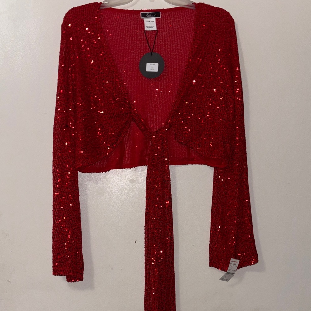 Red Sequin Tie-Front Crop Cardigan